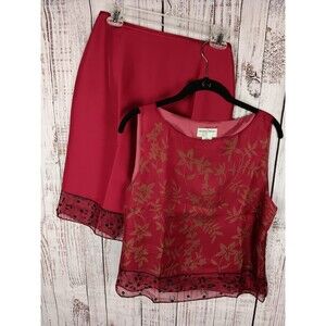 Parisian Signature Skirt Suit Womens 12 Red 100% Silk Vintage Floral